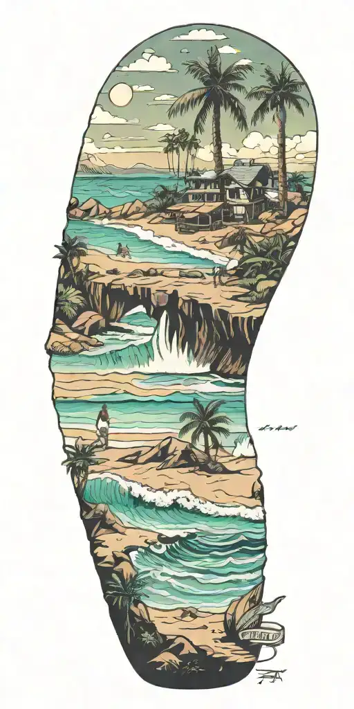 A scenic California beach landscape with hip-hop lyrics integrated into the design tattoo design idea