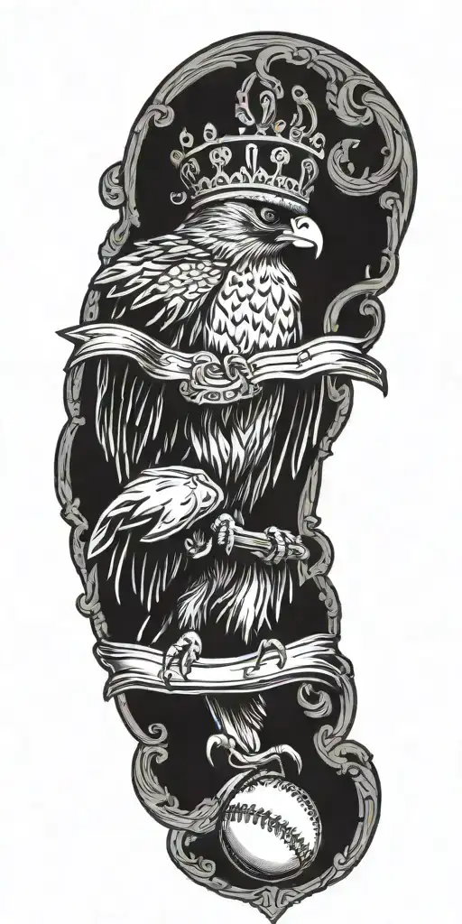 falcon wearing a crown holding a giant baseball with a scroll wrapping around tattoo design idea