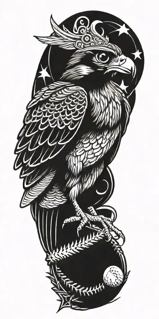 falcon wearing a crown holding a giant baseball with a scroll wrapping around tattoo design idea