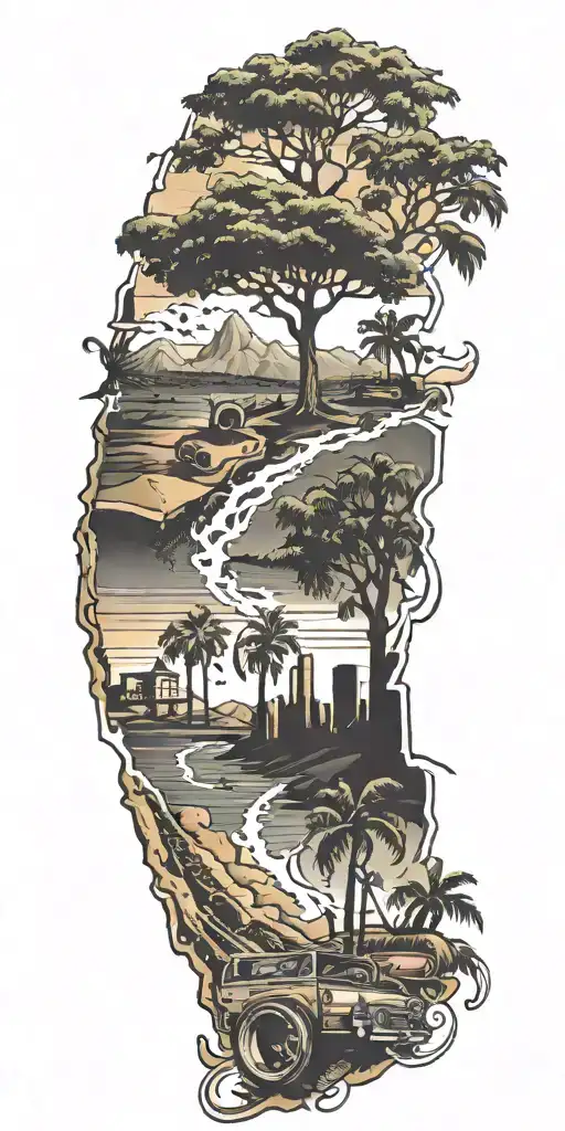 California scenery featuring hip hop music notes tattoo design idea