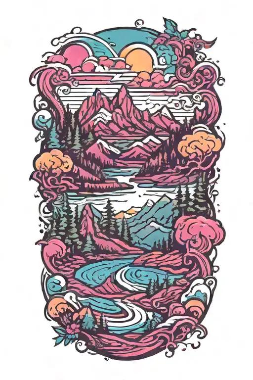 forrest mountain and river tattoo design idea