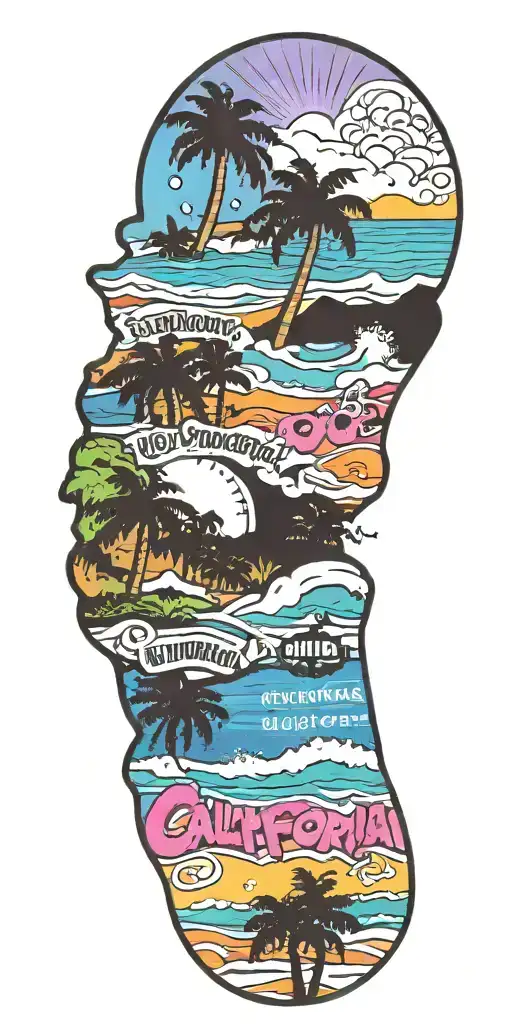 A scenic California beach landscape with hip-hop lyrics integrated into the design tattoo design idea