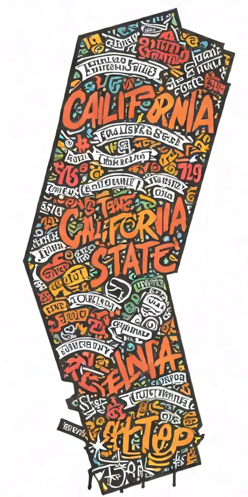 California State  with hip-hop lyrics integrated into the design tattoo design idea