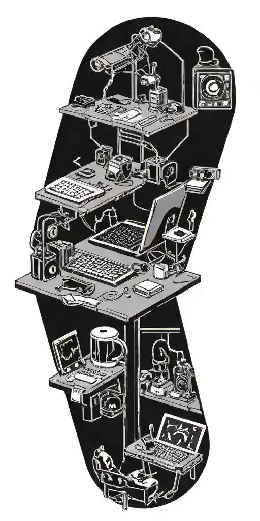 A tattoo design of a project manager's desk with elements of music, sports, and gaming scattered around, symbolizing the client's occupation and interests tattoo design idea