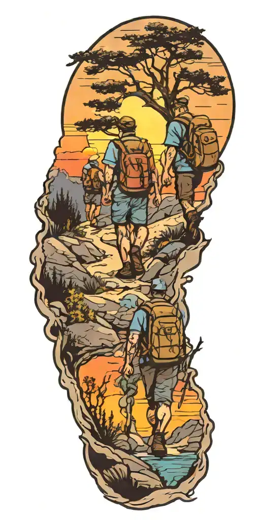 A project manager leading a team through a challenging hike with a beautiful sunset in the background tattoo design idea