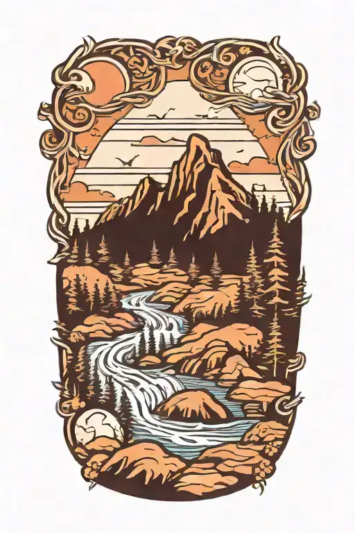 forrest mountain and river tattoo design idea