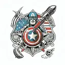 captain america shield microphone surrounded by musical tattoo design idea