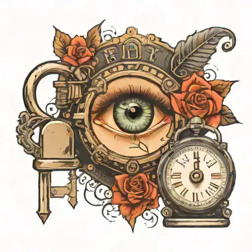 an eye in the center of a padlock and a woman with a weighing scale tattoo design idea