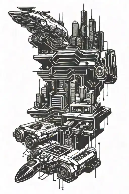 A futuristic cyberpunk cityscape with neon lights and flying cars intertwined with musical notes and video game controllers tattoo design idea
