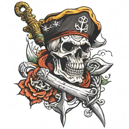 skull pirate and anchor intertwined tattoo design idea