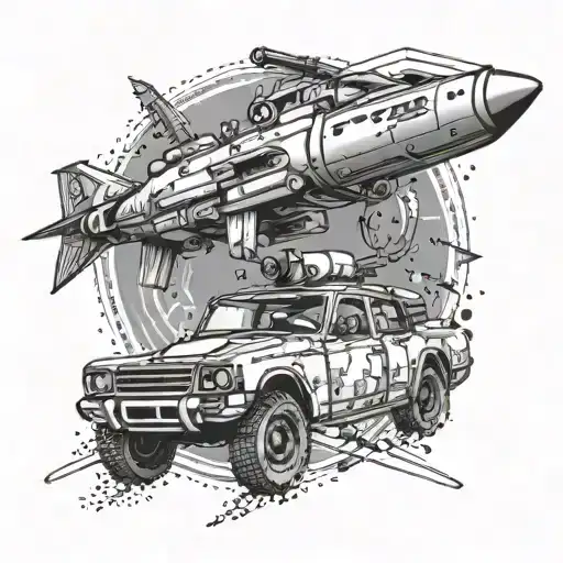 An intricate tattoo featuring a Russian military weapon and a drifting car in a dotwork style tattoo design idea