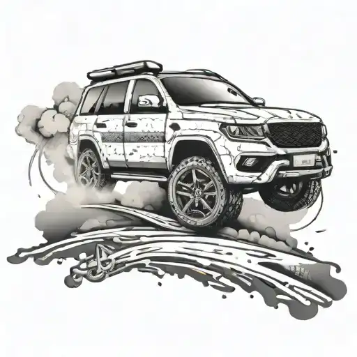 An artistic tattoo featuring a Russian flag and a drifting car in a dotwork style tattoo design idea