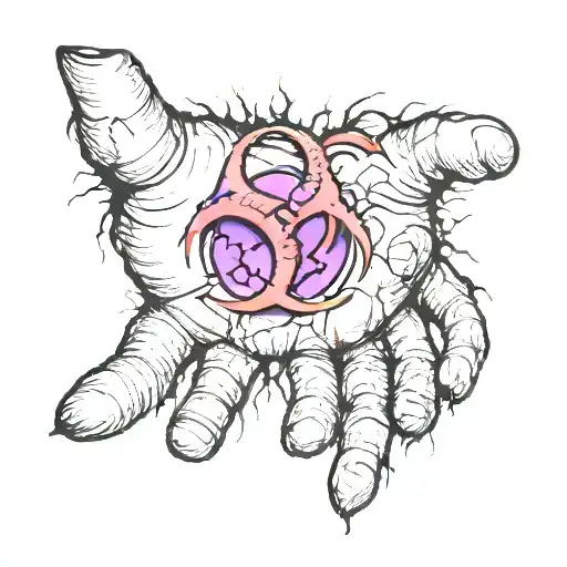 A realistic right hand tattoo of a fractured biohazard on purple applat tattoo design idea