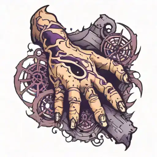 A realistic right hand tattoo of a fractured biohazard on purple applat tattoo design idea