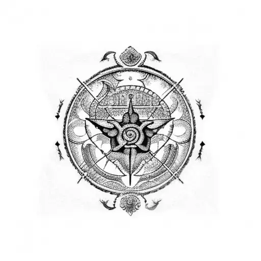 A blackwork tattoo of the zodiac symbols for Virgo (Дева), Sagittarius (стрелец), and Scorpio (скорпион) intertwined with intricate floral patterns, symbolizing the client's interests and favorite things tattoo design idea