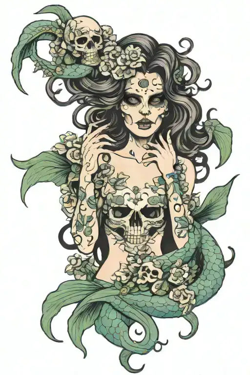 skull mermaid flowers medusa holding the head tattoo design idea