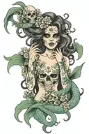 skull mermaid flowers medusa holding the head tattoo design idea