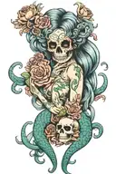 skull mermaid flowers medusa holding the head tattoo design idea