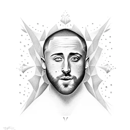 the face of Mac miller facing you with Glinda in profile on the left and Kobe Bryant in profile on the right  tattoo design idea