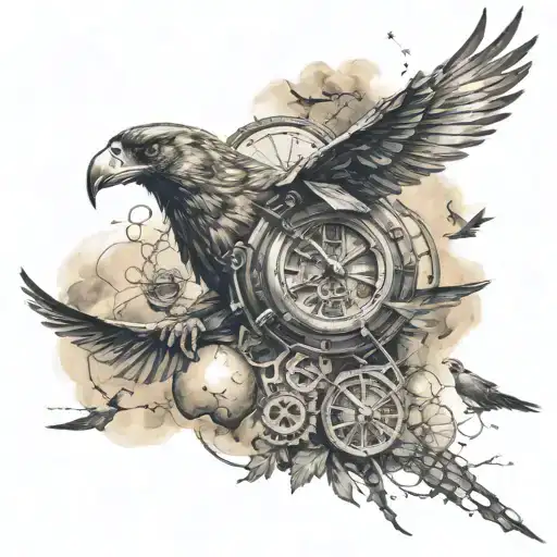 battlefield with dead and flying birds sleeve steampunk tattoo design idea