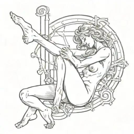sketch of a nude women sitting with one leg bent in and the other is dangling. she is hugging a gemini sign with the sig tattoo design idea