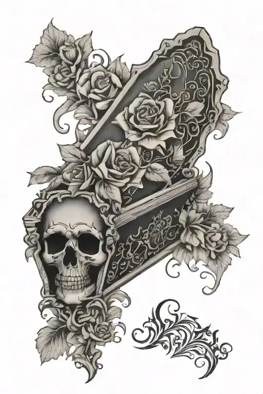 gothic coffin adorned with intricate floral tattoo design idea