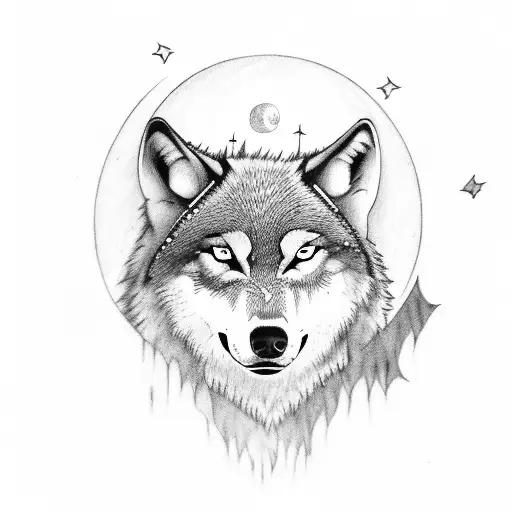 A wolf howling in the moonlight in a dense forest setting tattoo design idea