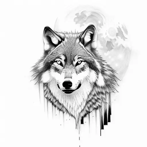 A wolf howling in the moonlight in a dense forest setting tattoo design idea