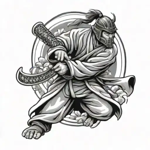 Design a tattoo of a samurai warrior practicing BJJ techniques in a garden setting tattoo design idea