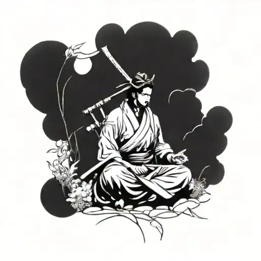 Incorporate BJJ and gardening symbols into a tattoo of a samurai warrior meditating in a peaceful garden tattoo design idea