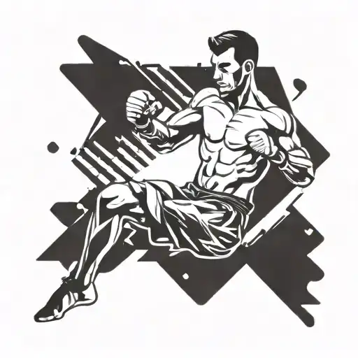 A stylized silhouette of a kickboxer mid-kick, surrounded by abstract geometric shapes representing movement and strength tattoo design idea