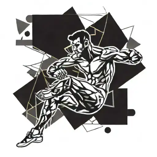 A stylized silhouette of a kickboxer mid-kick, surrounded by abstract geometric shapes representing movement and strength tattoo design idea