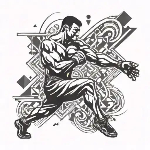 A stylized silhouette of a kickboxer mid-kick, surrounded by abstract geometric shapes representing movement and strength tattoo design idea