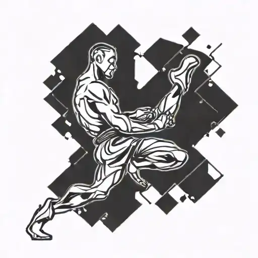 A stylized silhouette of a kickboxer mid-kick, surrounded by abstract geometric shapes representing movement and strength tattoo design idea