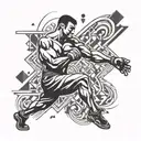 A stylized silhouette of a kickboxer mid-kick, surrounded by abstract geometric shapes representing movement and strength tattoo design idea