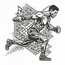 A stylized silhouette of a kickboxer mid-kick, surrounded by abstract geometric shapes representing movement and strength tattoo design idea