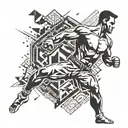 A stylized silhouette of a kickboxer mid-kick, surrounded by abstract geometric shapes representing movement and strength tattoo design idea