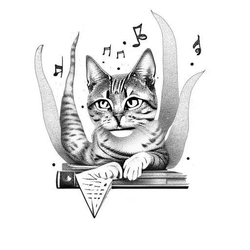 A dotwork tattoo of a magical cat sitting on a stack of books, with stars and musical notes floating around it tattoo design idea