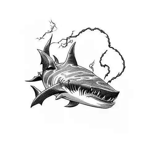 A beer bottle morphing into a shark with anime-style waves and lightning tattoo design idea