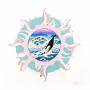 orca whale with waves and sun in a circle  tattoo design idea