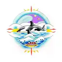 orca whale with waves and sun in a circle  tattoo design idea