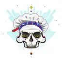 A cook's hat with an eagle design incorporating pop punk elements like skulls and guitars tattoo design idea