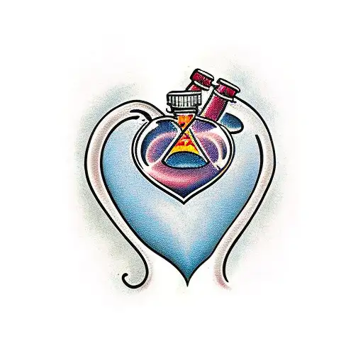 An alcohol bottle pouring lquid into a brokem heart tattoo design idea