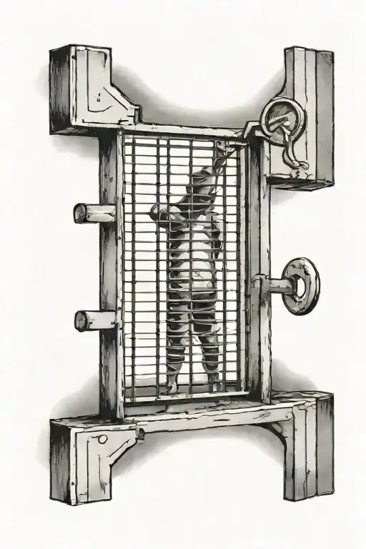 A shadow figure, in a jail cell with bars. the Key hole is visible on the cell. with key inside with the shadow figure tattoo design idea