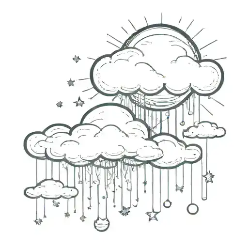 raining cloud cloud with sun and moon behind it. midnight rain tattoo design idea