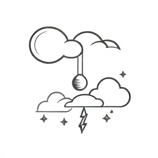 minimalist cloud with rain and bolt, sun and moon behind tattoo design idea