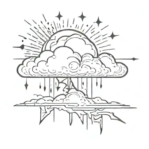 cloud with rain and lightning bolt, sun and moon behind tattoo design idea