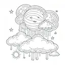 raining cloud cloud with sun and moon behind it. midnight rain tattoo design idea