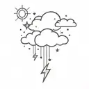 minimalist cloud with rain and lightning bolt, sun and moon behind tattoo design idea