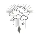 minimalist cloud with rain and lightning bolt, sun and moon behind tattoo design idea